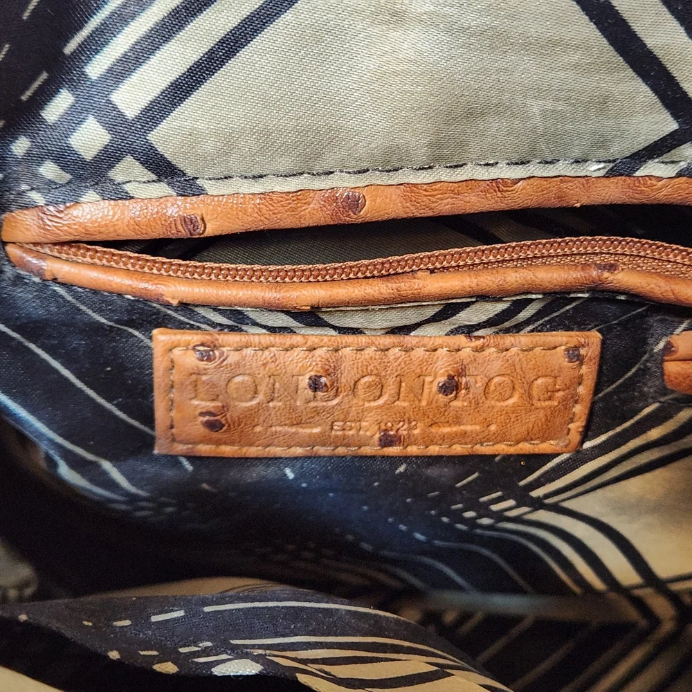 London Fog Brown Faux Leather Ostrich Satchel Bag w/ Detachable Strap